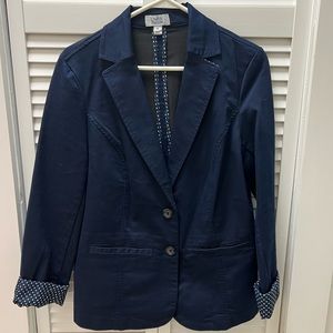 Woman’s size medium navy sport jacket with polka dot cuffs EUC